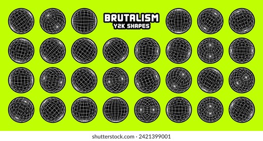 Wireframe shapes, lined sphere. Perspective mesh, 3d grid. Modern trendy low poly geometric elements. Retro futuristic design elements, y2k, vaporwave and synthwave style. Vector illustration