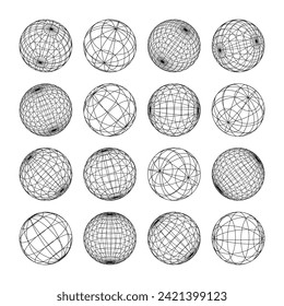 Wireframe shapes, lined sphere. Perspective mesh, 3d grid. Low poly geometric elements. Retro futuristic design elements, y2k, vaporwave and synthwave style. Vector illustration