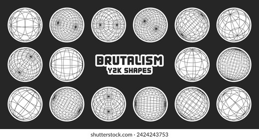 Wireframe shapes, lined sphere. Perspective mesh, 3d grid. Modern trendy low poly geometric elements. Retro futuristic design elements, y2k, vaporwave and synthwave style. Vector illustration