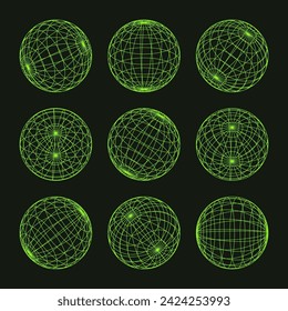 Wireframe shapes, lined sphere. Perspective mesh, 3d grid. Low poly geometric elements. Retro futuristic design elements, y2k, vaporwave and synthwave style. Vector illustration