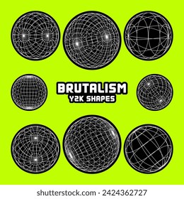 Wireframe shapes, lined sphere. Perspective mesh, 3d grid. Modern trendy low poly geometric elements. Retro futuristic design elements, y2k, vaporwave and synthwave style. Vector illustration