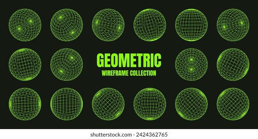 Wireframe shapes, lined sphere. Perspective mesh, 3d grid. Low poly geometric elements. Retro futuristic design elements, y2k, vaporwave and synthwave style. Vector illustration