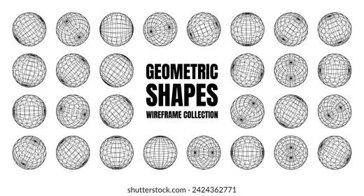 Wireframe shapes, lined sphere. Perspective mesh, 3d grid. Low poly geometric elements. Retro futuristic design elements, y2k, vaporwave and synthwave style. Vector illustration