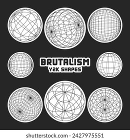 Wireframe shapes, lined sphere. Perspective mesh, 3d grid. Modern trendy low poly geometric elements. Retro futuristic design elements, y2k, vaporwave and synthwave style. Vector illustration