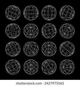 Wireframe shapes, lined sphere. Perspective mesh, 3d grid. Low poly geometric elements. Retro futuristic design elements, y2k, vaporwave and synthwave style. Vector illustration