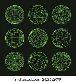Wireframe shapes, lined sphere. Perspective mesh, 3d grid. Low poly geometric elements. Retro futuristic design elements, y2k, vaporwave and synthwave style. Vector illustration