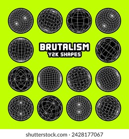 Wireframe shapes, lined sphere. Perspective mesh, 3d grid. Modern trendy low poly geometric elements. Retro futuristic design elements, y2k, vaporwave and synthwave style. Vector illustration