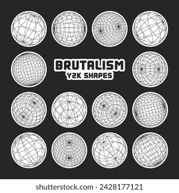Wireframe shapes, lined sphere. Perspective mesh, 3d grid. Modern trendy low poly geometric elements. Retro futuristic design elements, y2k, vaporwave and synthwave style. Vector illustration