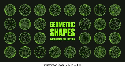 Wireframe shapes, lined sphere. Perspective mesh, 3d grid. Low poly geometric elements. Retro futuristic design elements, y2k, vaporwave and synthwave style. Vector illustration