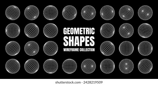 Wireframe shapes, lined sphere. Perspective mesh, 3d grid. Low poly geometric elements. Retro futuristic design elements, y2k, vaporwave and synthwave style. Vector illustration