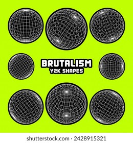 Wireframe shapes, lined sphere. Perspective mesh, 3d grid. Modern trendy low poly geometric elements. Retro futuristic design elements, y2k, vaporwave and synthwave style. Vector illustration