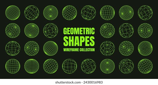 Wireframe shapes, lined sphere. Perspective mesh, 3d grid. Low poly geometric elements. Retro futuristic design elements, y2k, vaporwave and synthwave style. Vector illustration