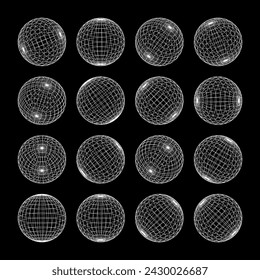 Wireframe shapes, lined sphere. Perspective mesh, 3d grid. Low poly geometric elements. Retro futuristic design elements, y2k, vaporwave and synthwave style. Vector illustration