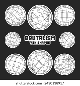 Wireframe shapes, lined sphere. Perspective mesh, 3d grid. Modern trendy low poly geometric elements. Retro futuristic design elements, y2k, vaporwave and synthwave style. Vector illustration