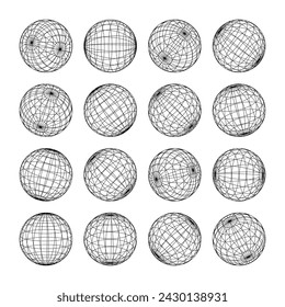 Wireframe shapes, lined sphere. Perspective mesh, 3d grid. Low poly geometric elements. Retro futuristic design elements, y2k, vaporwave and synthwave style. Vector illustration