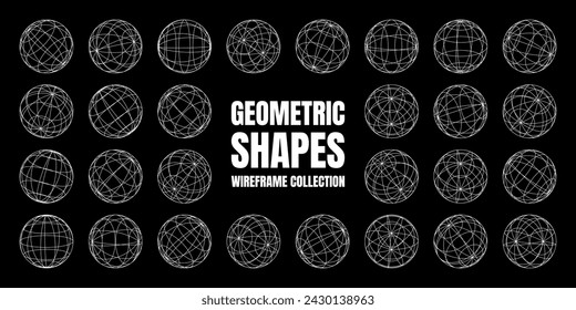 Wireframe shapes, lined sphere. Perspective mesh, 3d grid. Low poly geometric elements. Retro futuristic design elements, y2k, vaporwave and synthwave style. Vector illustration