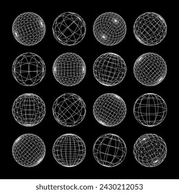 Wireframe shapes, lined sphere. Perspective mesh, 3d grid. Low poly geometric elements. Retro futuristic design elements, y2k, vaporwave and synthwave style. Vector illustration