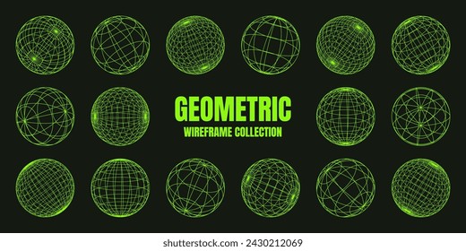 Wireframe shapes, lined sphere. Perspective mesh, 3d grid. Low poly geometric elements. Retro futuristic design elements, y2k, vaporwave and synthwave style. Vector illustration