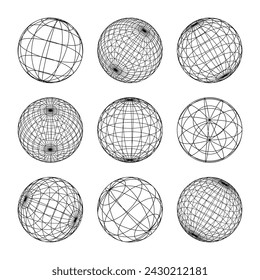 Formas de alambre, esfera alineada. Malla de perspectiva, rejilla 3d. Elementos geométricos de baja polimerización. Elementos de diseño futurista retro, estilo y2k, vaporwave y synthwave. Ilustración de vector