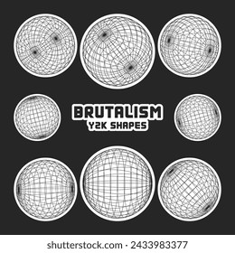 Wireframe shapes, lined sphere. Perspective mesh, 3d grid. Modern trendy low poly geometric elements. Retro futuristic design elements, y2k, vaporwave and synthwave style. Vector illustration