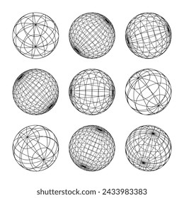 Wireframe shapes, lined sphere. Perspective mesh, 3d grid. Low poly geometric elements. Retro futuristic design elements, y2k, vaporwave and synthwave style. Vector illustration