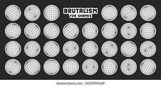 Wireframe shapes, lined sphere. Perspective mesh, 3d grid. Modern trendy low poly geometric elements. Retro futuristic design elements, y2k, vaporwave and synthwave style. Vector illustration