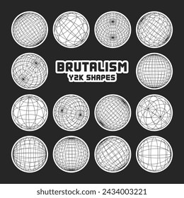 Wireframe shapes, lined sphere. Perspective mesh, 3d grid. Modern trendy low poly geometric elements. Retro futuristic design elements, y2k, vaporwave and synthwave style. Vector illustration