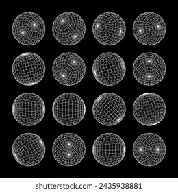 Wireframe shapes, lined sphere. Perspective mesh, 3d grid. Low poly geometric elements. Retro futuristic design elements, y2k, vaporwave and synthwave style. Vector illustration