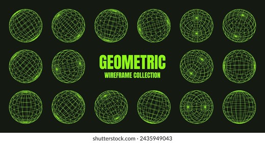 Wireframe shapes, lined sphere. Perspective mesh, 3d grid. Low poly geometric elements. Retro futuristic design elements, y2k, vaporwave and synthwave style. Vector illustration