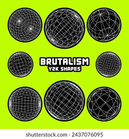 Wireframe shapes, lined sphere. Perspective mesh, 3d grid. Modern trendy low poly geometric elements. Retro futuristic design elements, y2k, vaporwave and synthwave style. Vector illustration