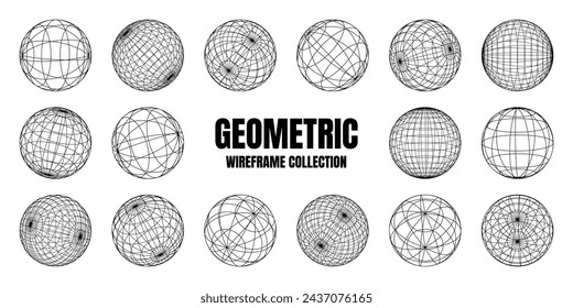 Formas de alambre, esfera alineada. Malla de perspectiva, rejilla 3d. Elementos geométricos de baja polimerización. Elementos de diseño futurista retro, estilo y2k, vaporwave y synthwave. Ilustración de vector
