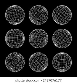 Wireframe shapes, lined sphere. Perspective mesh, 3d grid. Low poly geometric elements. Retro futuristic design elements, y2k, vaporwave and synthwave style. Vector illustration