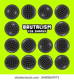 Wireframe shapes, lined sphere. Perspective mesh, 3d grid. Modern trendy low poly geometric elements. Retro futuristic design elements, y2k, vaporwave and synthwave style. Vector illustration