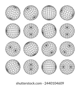 Wireframe shapes, lined sphere. Perspective mesh, 3d grid. Low poly geometric elements. Retro futuristic design elements, y2k, vaporwave and synthwave style. Vector illustration