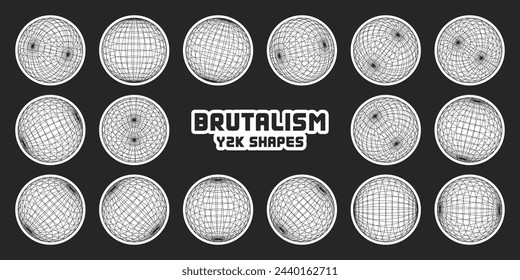 Wireframe shapes, lined sphere. Perspective mesh, 3d grid. Modern trendy low poly geometric elements. Retro futuristic design elements, y2k, vaporwave and synthwave style. Vector illustration