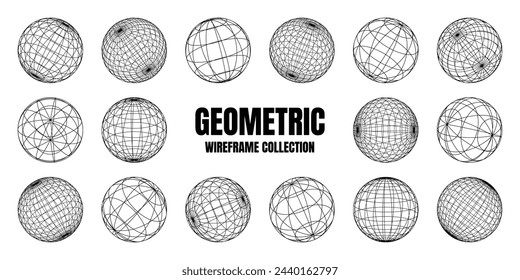 Wireframe shapes, lined sphere. Perspective mesh, 3d grid. Low poly geometric elements. Retro futuristic design elements, y2k, vaporwave and synthwave style. Vector illustration