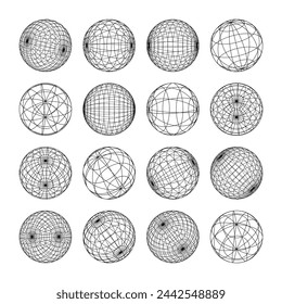 Wireframe shapes, lined sphere. Perspective mesh, 3d grid. Low poly geometric elements. Retro futuristic design elements, y2k, vaporwave and synthwave style. Vector illustration