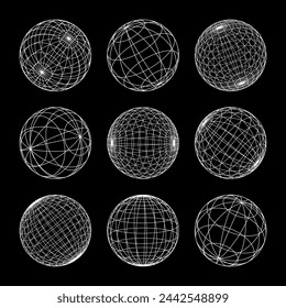 Wireframe shapes, lined sphere. Perspective mesh, 3d grid. Low poly geometric elements. Retro futuristic design elements, y2k, vaporwave and synthwave style. Vector illustration