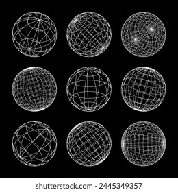 Wireframe shapes, lined sphere. Perspective mesh, 3d grid. Low poly geometric elements. Retro futuristic design elements, y2k, vaporwave and synthwave style. Vector illustration