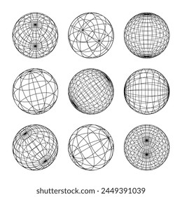 Wireframe shapes, lined sphere. Perspective mesh, 3d grid. Low poly geometric elements. Retro futuristic design elements, y2k, vaporwave and synthwave style. Vector illustration