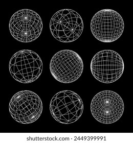 Wireframe shapes, lined sphere. Perspective mesh, 3d grid. Low poly geometric elements. Retro futuristic design elements, y2k, vaporwave and synthwave style. Vector illustration