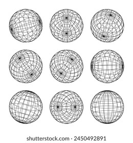 Wireframe shapes, lined sphere. Perspective mesh, 3d grid. Low poly geometric elements. Retro futuristic design elements, y2k, vaporwave and synthwave style. Vector illustration