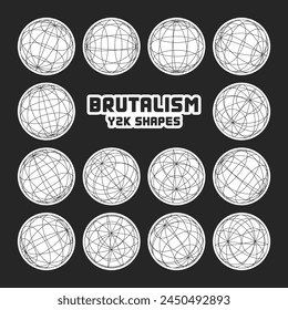 Wireframe shapes, lined sphere. Perspective mesh, 3d grid. Modern trendy low poly geometric elements. Retro futuristic design elements, y2k, vaporwave and synthwave style. Vector illustration