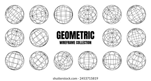Wireframe shapes, lined sphere. Perspective mesh, 3d grid. Low poly geometric elements. Retro futuristic design elements, y2k, vaporwave and synthwave style. Vector illustration