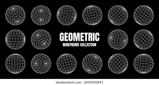 Wireframe shapes, lined sphere. Perspective mesh, 3d grid. Low poly geometric elements. Retro futuristic design elements, y2k, vaporwave and synthwave style. Vector illustration