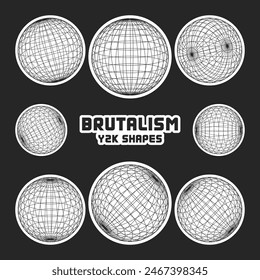 Wireframe shapes, lined sphere. Perspective mesh, 3d grid. Modern trendy low poly geometric elements. Retro futuristic design elements, y2k, vaporwave and synthwave style. Vector illustration