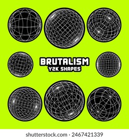 Wireframe shapes, lined sphere. Perspective mesh, 3d grid. Modern trendy low poly geometric elements. Retro futuristic design elements, y2k, vaporwave and synthwave style. Vector illustration