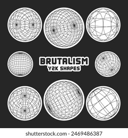 Wireframe shapes, lined sphere. Perspective mesh, 3d grid. Modern trendy low poly geometric elements. Retro futuristic design elements, y2k, vaporwave and synthwave style. Vector illustration
