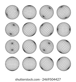 Wireframe shapes, lined sphere. Perspective mesh, 3d grid. Low poly geometric elements. Retro futuristic design elements, y2k, vaporwave and synthwave style. Vector illustration