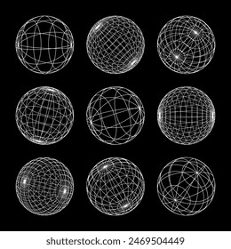 Wireframe shapes, lined sphere. Perspective mesh, 3d grid. Low poly geometric elements. Retro futuristic design elements, y2k, vaporwave and synthwave style. Vector illustration